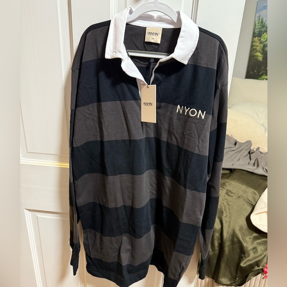 NYON Men's Striped Rugby Shirt - Black and Gray - Picture 1 of 3